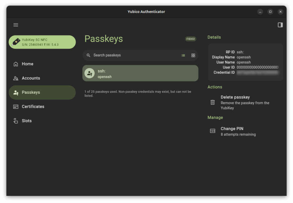 Yubikey Authenticator - Passkey detail view