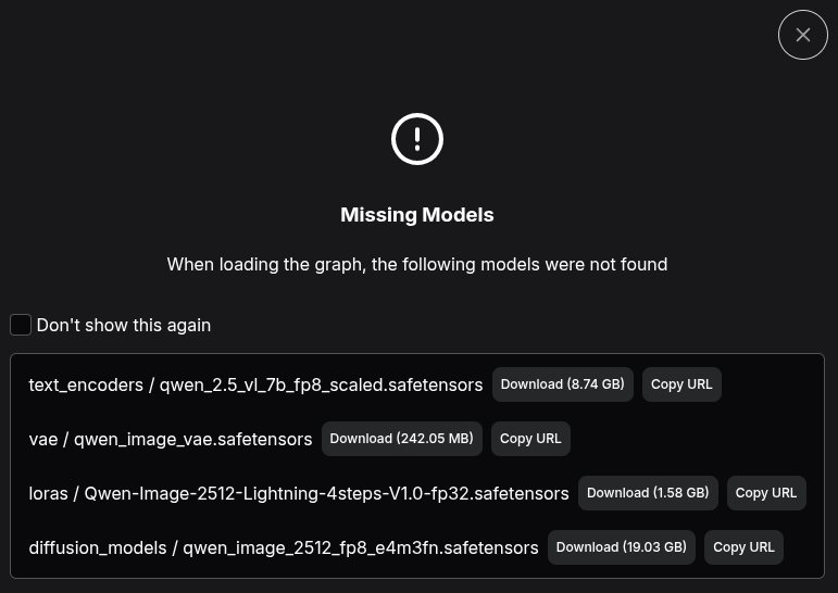 ComfyUI: Missing models dialog