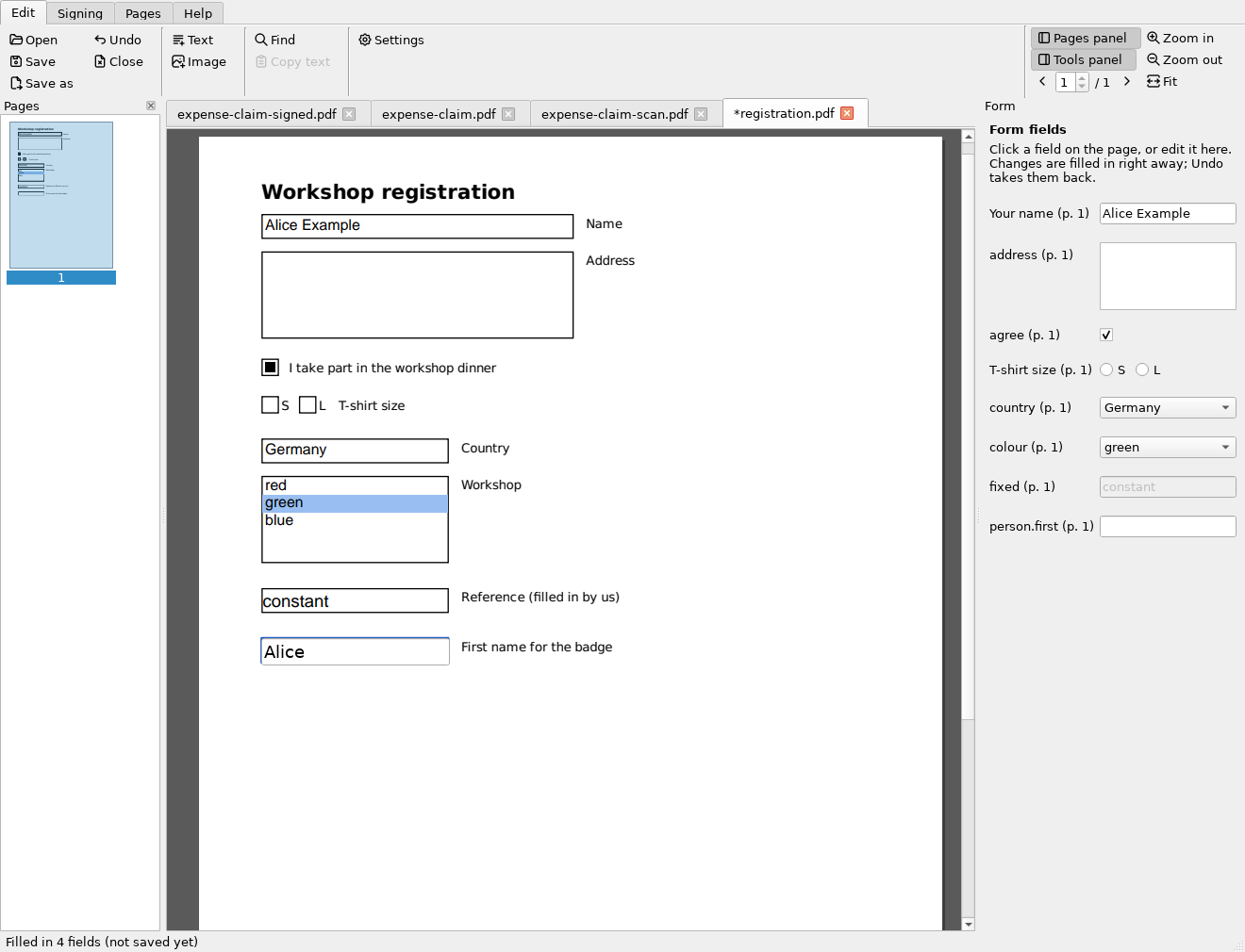 Slim PDF: filling in a form right on the page, with the form panel on the right