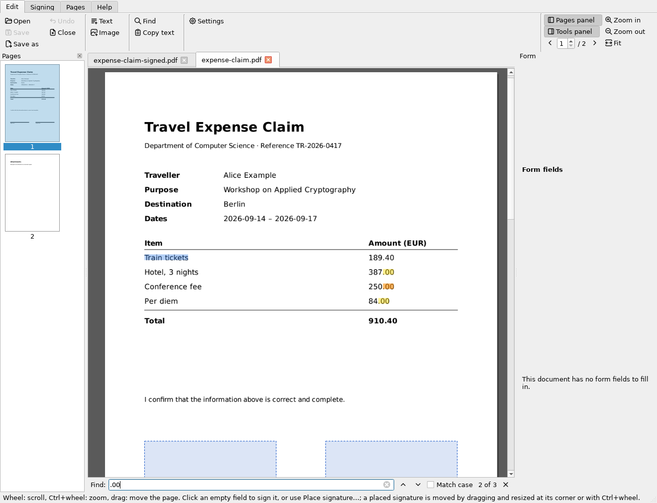 Slim PDF: search matches highlighted on the page and a selected line of text
