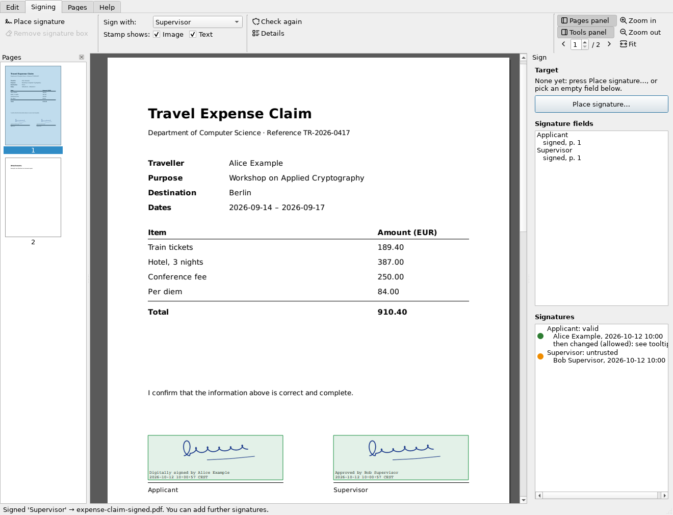 Slim PDF: a travel expense claim with two signatures, one valid and one untrusted