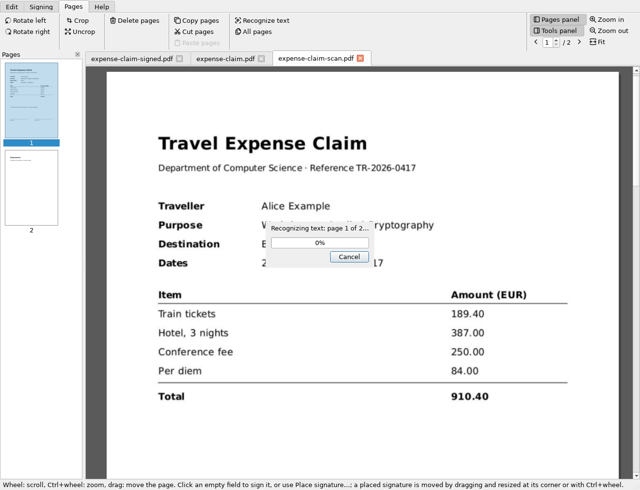 Slim PDF: recognizing the text of a scanned document, with a progress dialog