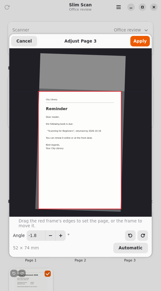 Slim Scan page editor: the whole scan with the page as a red frame