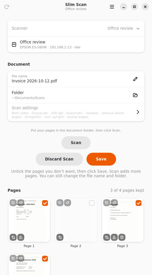 Slim Scan review step: pages cut, straightened and turned upright, a blank page unticked