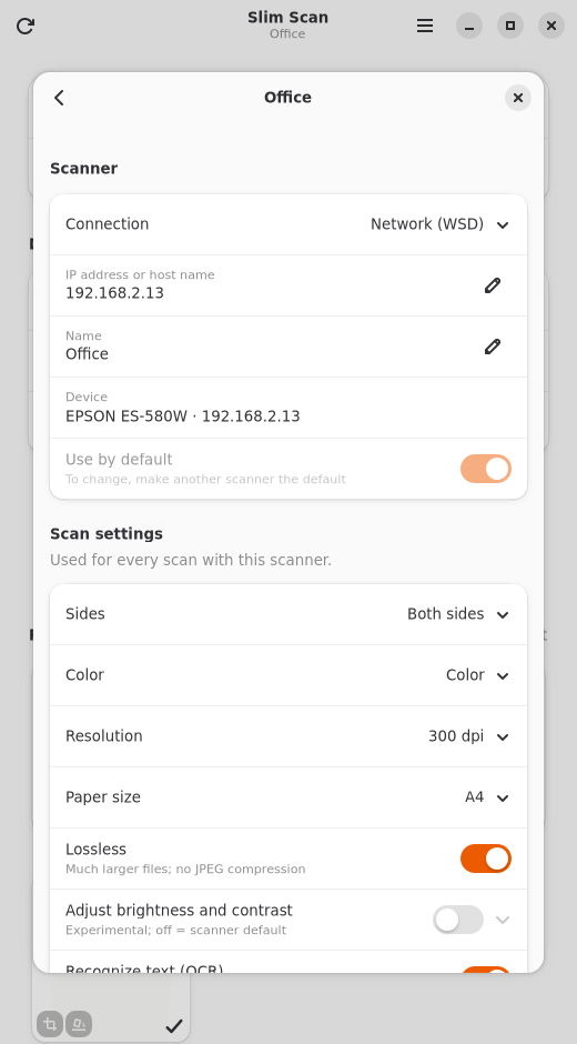 Slim Scan preferences: a scanner's settings page