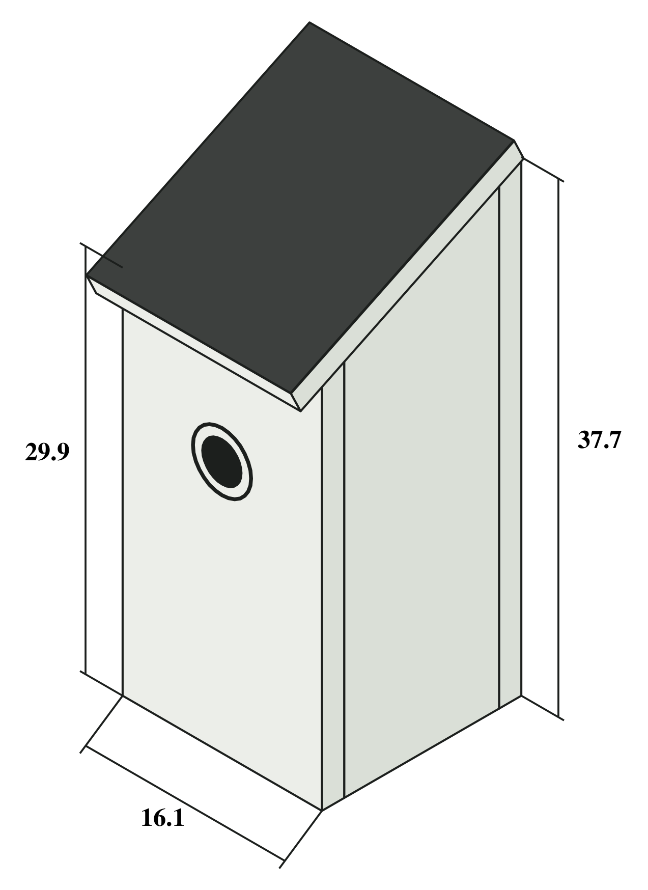 Isometric line drawing of the assembled nest box: 29.9 cm at the front, 37.7 cm at the back, 16.1 cm wide