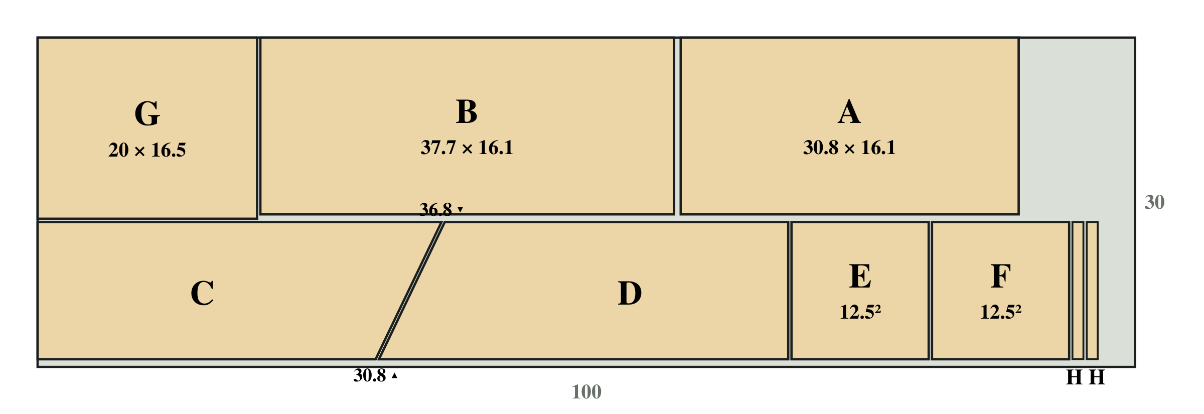 Cutting plan of a 30 × 100 cm board with the parts A to H