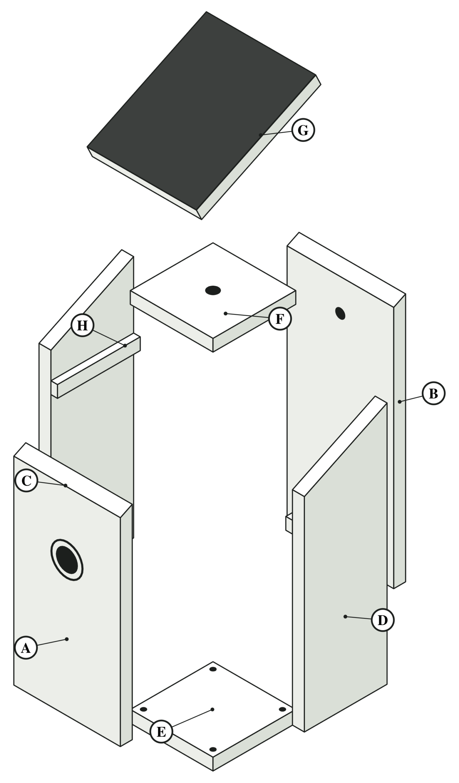 Exploded view of the nest box with the parts labelled A to H