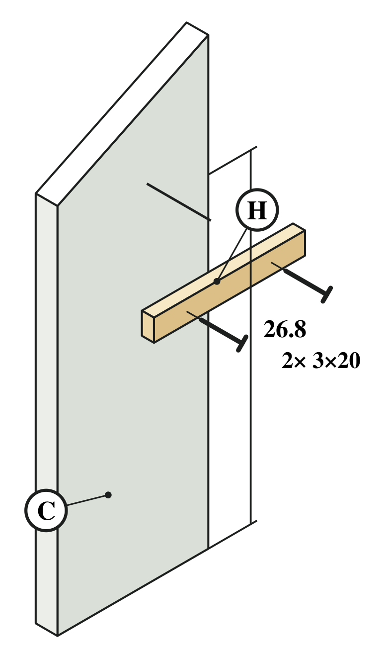 Cleat H being screwed to side wall C, 26.8 cm above the bottom edge