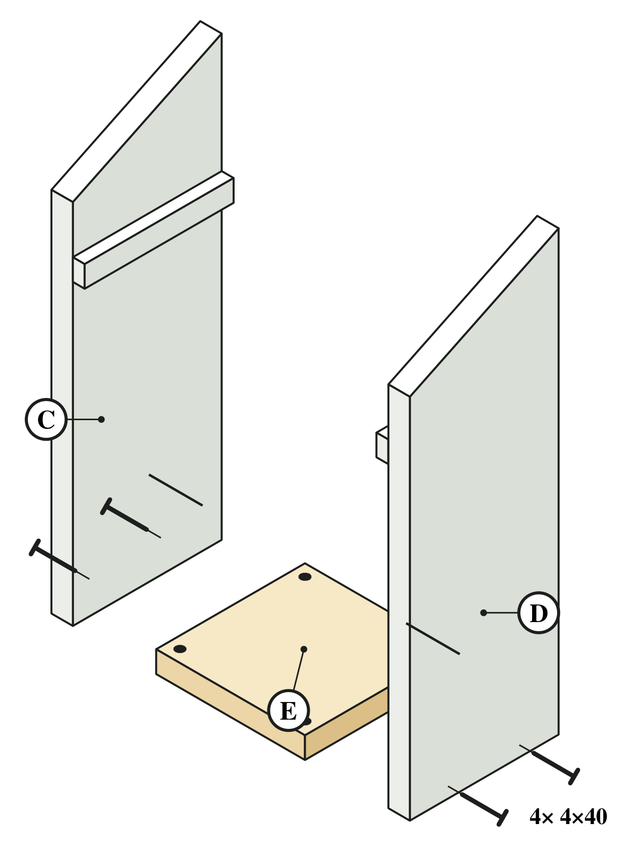 Floor E placed between the side walls C and D, with screws