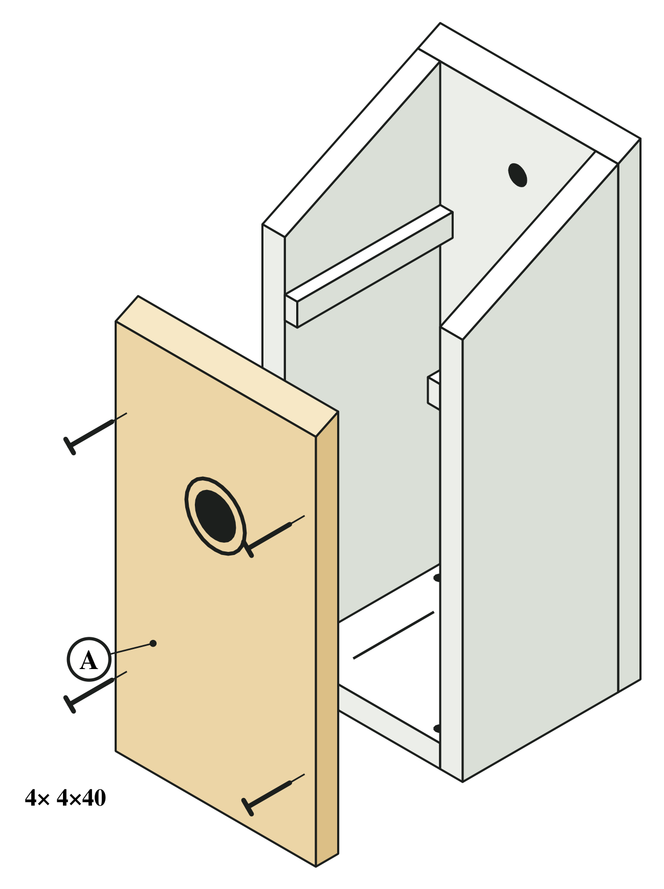 Front A with the entrance hole screwed on with four screws