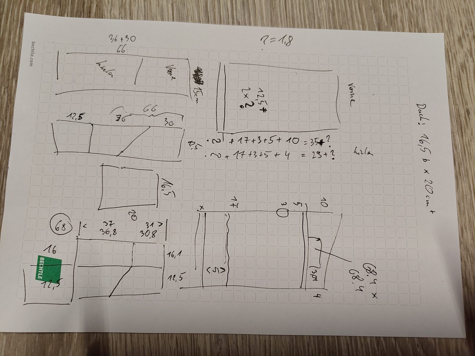 Hand-drawn sketch on squared paper: cutting layout and height calculations